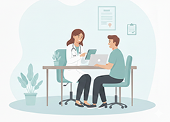 A doctor and a patient sitting at a desk together, reviewing medical documents on a digital tablet.