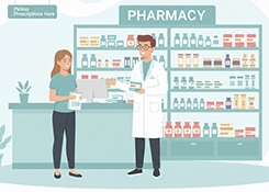 A pharmacist in a white coat handing a medication box to a patient at a pharmacy counter with stocked shelves in the background.