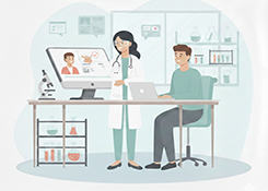 A doctor and a colleague in a lab reviewing a patient's medical results and data charts on a large computer monitor.